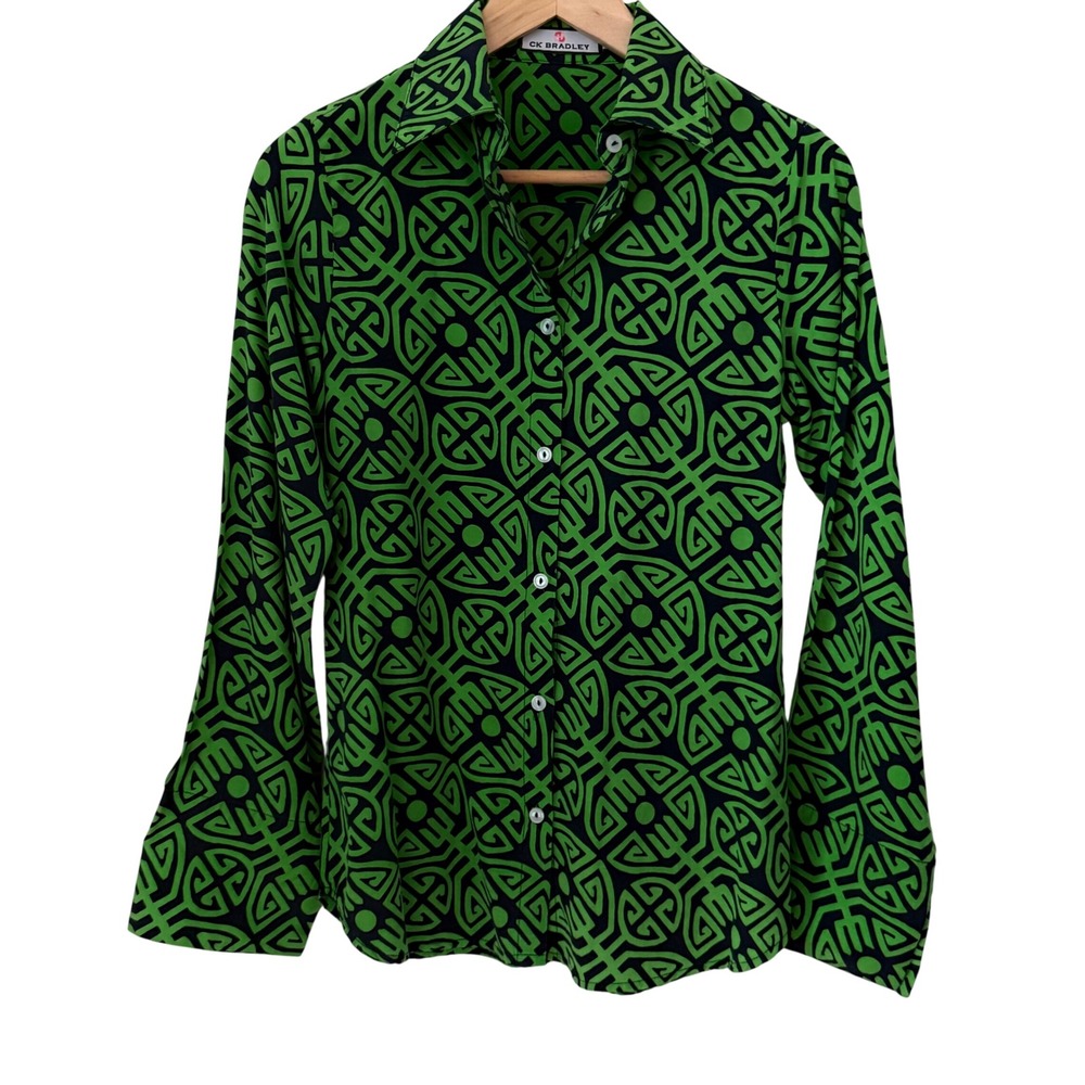 CK Bradley Women's XS Green Navy Geometric Print silk Button Shirt Retro Preppy